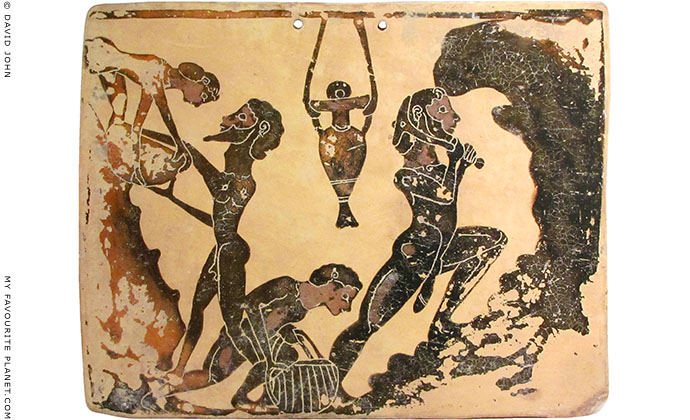 Ancient Greek quarry workers on a 7th century BC plaque (pinax) from Pente Skouphia, Corinth