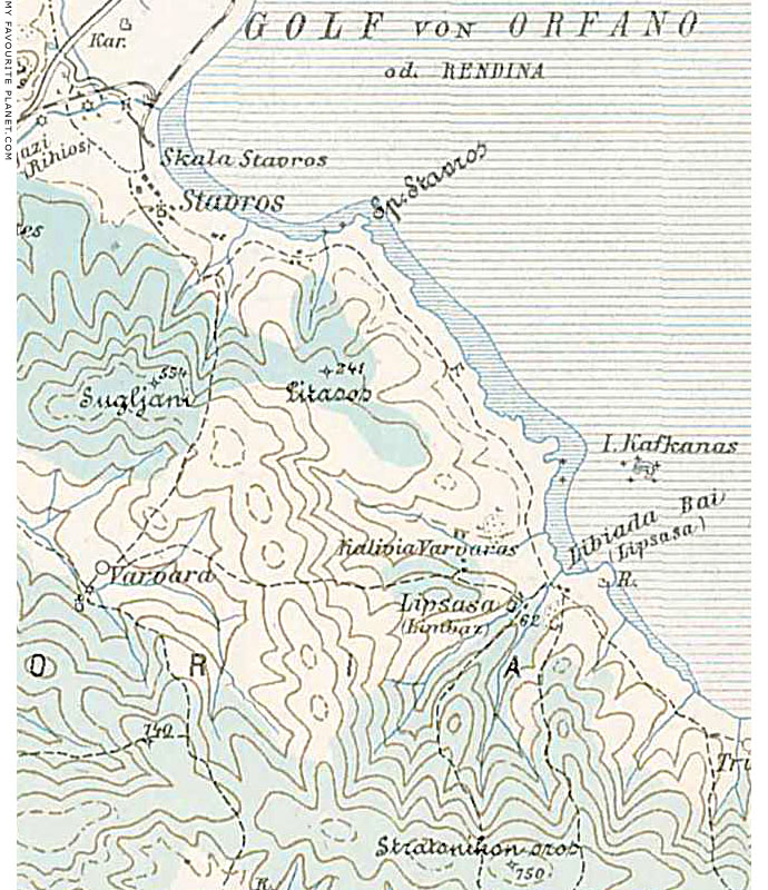 Austrian military map showing Stavros and Olympiada, Halkidiki, Macedonia, Greece at My Favourite Planet