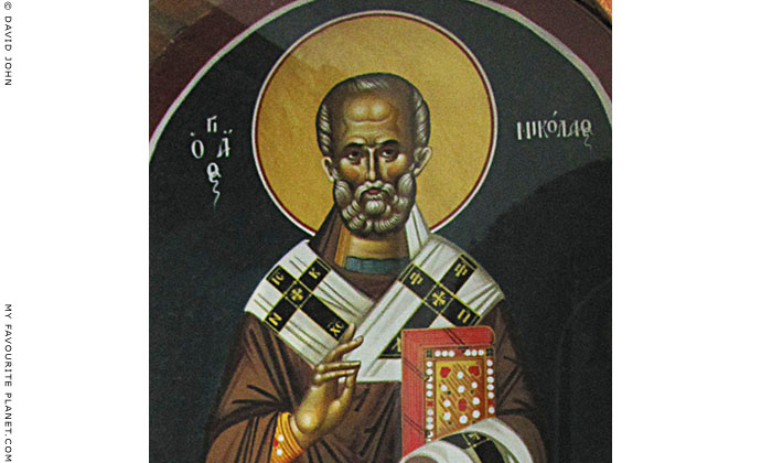 An icon of Saint Nicholas in the porch of the church of Nikolaos and Anastasia, Olympiada, Halkidiki, Macedonia, Greece at My Favourite Planet An icon of Saint Nicholas in the porch of the church of Nikolaos and Anastasia, Olympiada, Halkidiki, Macedonia, Greece at My Favourite Planet
