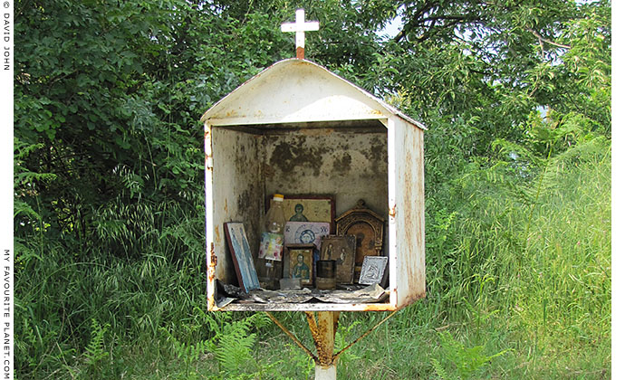 A Greek Orthodox roadside shrine outside Olympiada village, Halkidiki, Macedonia, Greece at My Favourite Planet A Greek Orthodox roadside shrine outside Olympiada village, Halkidiki, Macedonia, Greece at My Favourite Planet