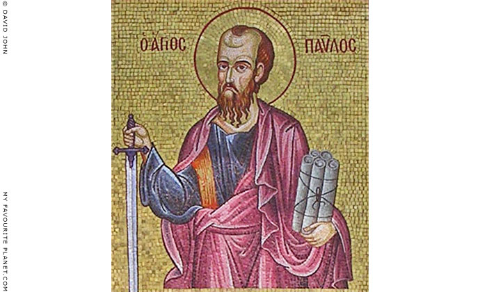 Saint Paul the Apostle holding a sword and a bundle of scripture rolls, Veria, Macedonia, Greece at My Favourite Planet