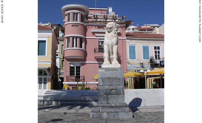 Marble lion statue on Pythagoras Square, Lower Vathy, the main town of Samos island, Greece at My Favourite Planet