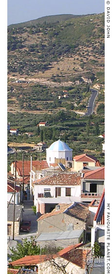 A typical Samian blue and white striped church dome in Chora, Samos, Greece at My Favourite Planet A typical Samian blue and white striped church dome in Chora, Samos, Greece at My Favourite Planet