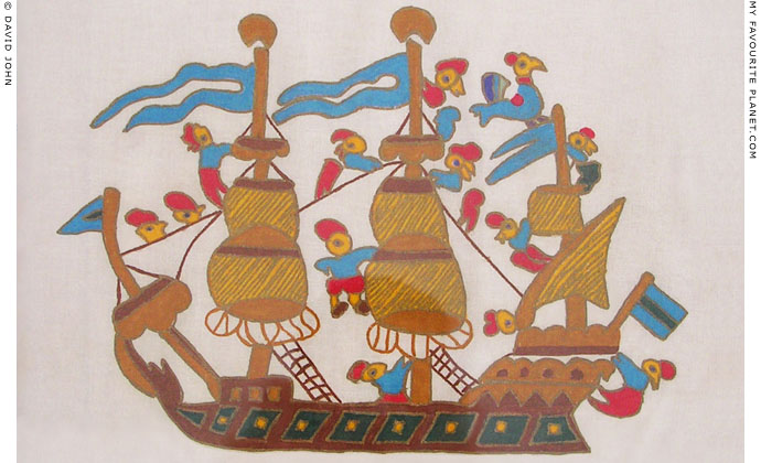Traditional Samian embroidery of sailors climbing the rigging of a sailing ship, Samos, Greece at My Favourite Planet Traditional Samian embroidery of sailors climbing the rigging of a sailing ship, Samos, Greece at My Favourite Planet