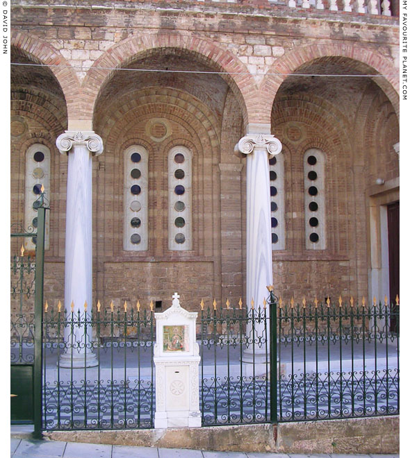 The forecourt and porch of the Church of the Dormition in Neo Karlovasi, Samos, Greece at My Favourite Planet
