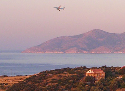 An airliner takes off from Samos Airport at My Favourite Planet