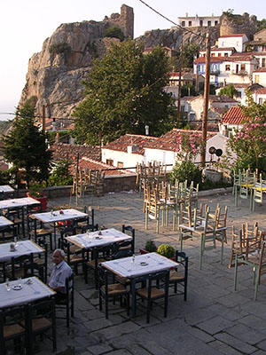 The terrace of a restaurant in Chora village, Samothraki island, Greece at My Favourite Planet The terrace of a restaurant in Chora village, Samothraki island, Greece at My Favourite Planet
