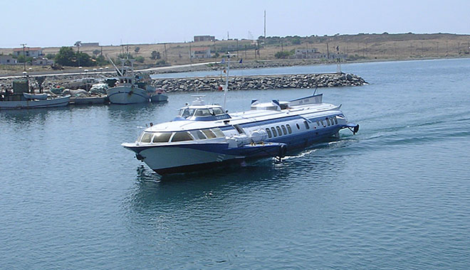 A flying dolphin hydrofoil ferry in Kamariotissa harbour, Samothraki island, Greece at My Favourite Planet