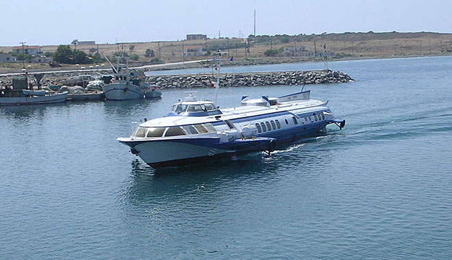 A flying dolphin hydrofoil ferry in Kamariotissa harbour, Samothraki island, Greece at My Favourite Planet A flying dolphin hydrofoil ferry in Kamariotissa harbour, Samothraki island, Greece at My Favourite Planet