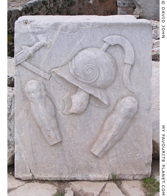 Marble relief of a helmet and armour in the Lower Commercial Agora, Ephesus, Turkey at My Favourite Planet