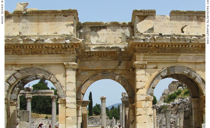 The dedicatory inscription of Mazeus and Mithridates in three parts above the gateway, Ephesus, Turkey at My Favourite Planet