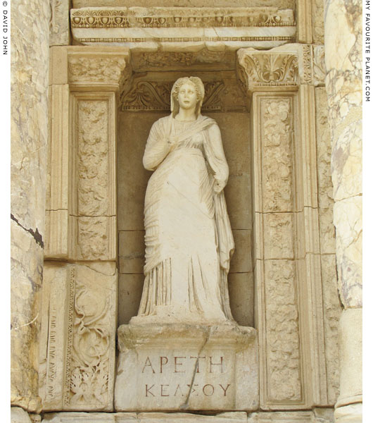 Statue of Arete Kelsou in a niche of the facade of the Library of Celsus, Ephesus, Turkey at My Favourite Planet