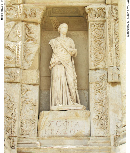 Statue of Sophia Kelsou on the facade of the Library of Celsus, Ephesus at My Favourite Planet