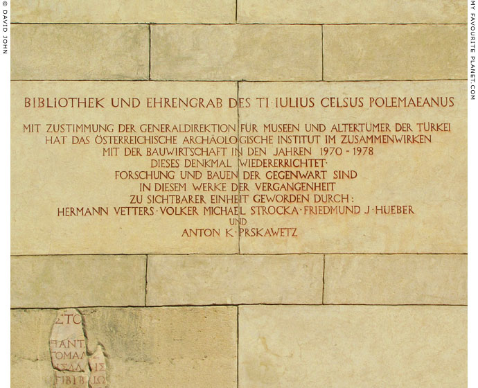 An inscription commemorating the reconstruction of the Celsus Library at My Favourite Planet