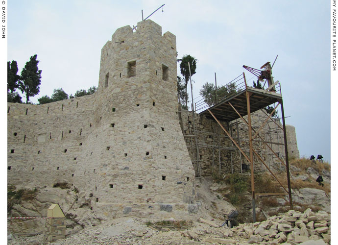 One of the towers of the Genoese fortress on Güvercin Ada, Kusadasi, Turkey, during renovation work in 2013 at My Favourite Planet One of the towers of the Genoese fortress on Güvercin Ada, Kusadasi, Turkey, during renovation work in 2013 at My Favourite Planet
