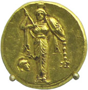 Gold stater showing a cult image of Athena with raised spear and shield Gold stater showing a cult image of Athena with raised spear and shield