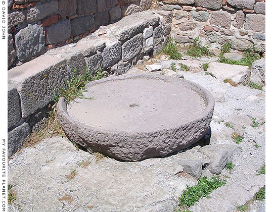 Andesite millstone in the Byzantine tower above the theatre, Pergamon Acropolis, Turkey at My Favourite Planet