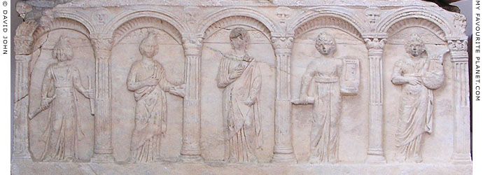 Relief of five Muses on the front of a marble sarcophagus, Ephesus Archaeological Museum, Selcuk at My Favourite Planet
