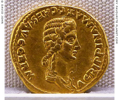 The head of Agrippina the Elder on a gold coin issued by Emperor Caligula at My Favourite Planet