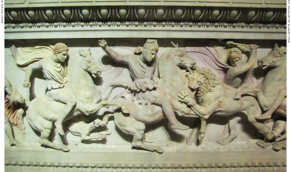 Detail of the lion hunt relief on the Alexander Sarcophagus at My Favourite Planet