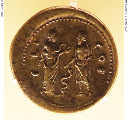 Hygieia and Asklepios on a coin of Corinth at My Favourite Planet