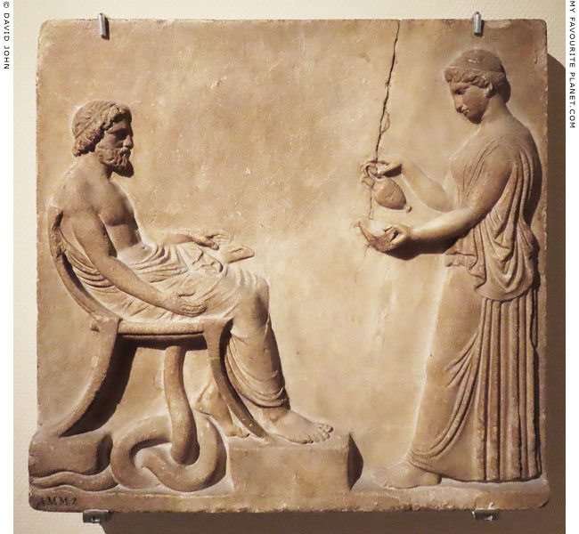 A marble relief of Asklepios and Hygieia, Rijksmuseum van Oudheden, Leiden at My Favourite Planet