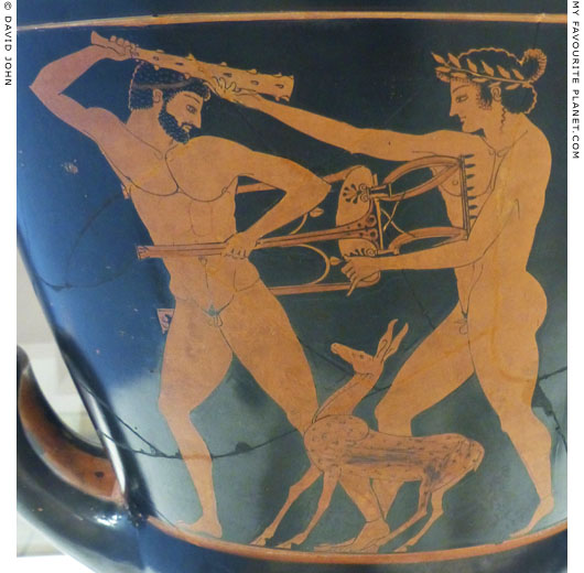 Herakles and Apollo fight over the Delphic tripod on a calyx krater painted by Myson at My Favourite Planet
