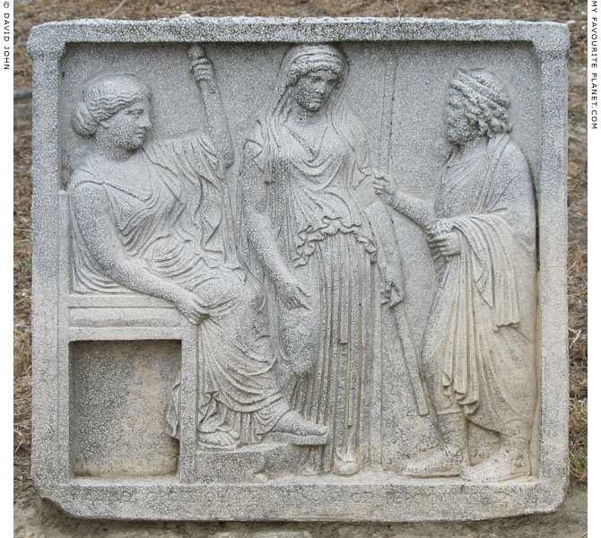 Replica of an Athenian votive relief of Demeter, Persephone and a hierophant at My Favourite Planet