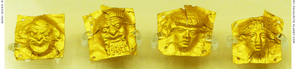 Gold sheets with repousse theatrical masks from Kerameikos, Athens at My Favourite Planet