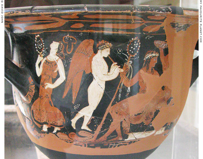 Detail of a red-figure bell krater showing Dionysus with his thiasos at My Favourite Planet