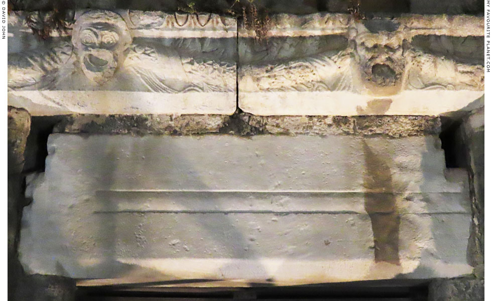 Marble theatrical masks at the entrance to the Nerantzia Fortress, Kos at My Favourite Planet