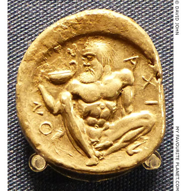 A drunken Silenos on a coin from Naxos, Sicily at My Favourite Planet