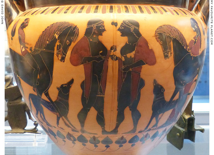 Detail of a black-figure column krater with two youths flanked by their horses and dogs at My Favourite Planet