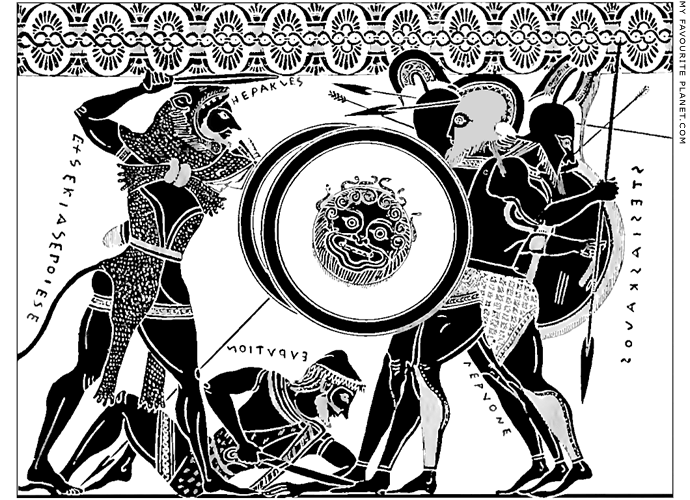 Herakles fighting Geryon on an amphora by Exekias at My Favourite Planet