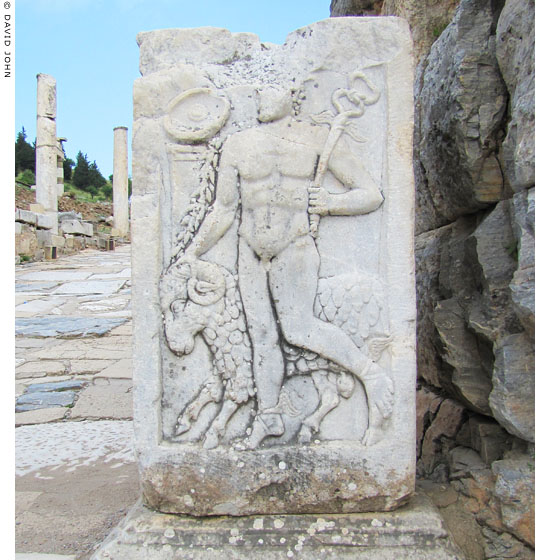 Marble relief of Hermes with a ram, on a pedestal on the Clivus Sacer, Ephesus at My Favourite Planet