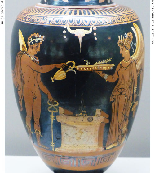 Hermes and Nike at an altar on an Apulian oinochoe at My Favourite Planet