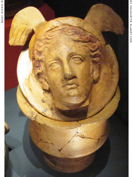 A relief of the head of Hermes on the lid of a ceramic vessel from Larino, Italy at My Favourite Planet