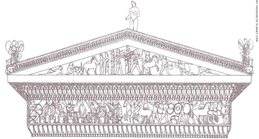 A reconstruction drawing of the east pediment and frieze of the Siphnian Treasury, Delphi at My Favourite Planet A reconstruction drawing of the east pediment and frieze of the Siphnian Treasury, Delphi at My Favourite Planet