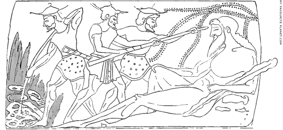 The blinding of Polyphemos on an Attic black figure oenochoe at My Favourite Planet The blinding of Polyphemos on an Attic black figure oenochoe at My Favourite Planet