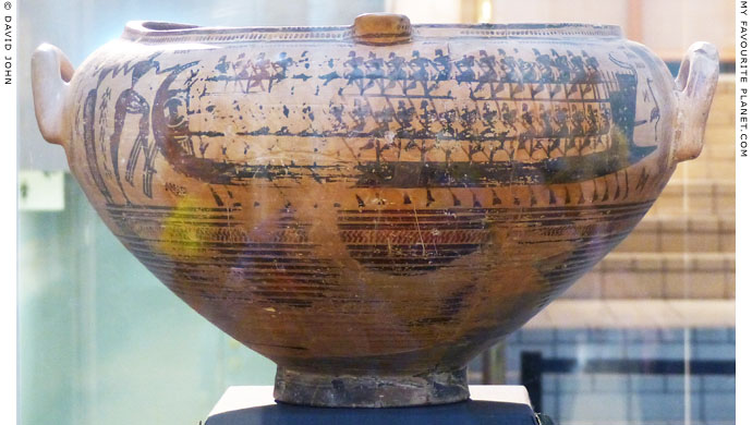 A Geometric krater showing a man taking a woman aboard a ship at My Favourite Planet
