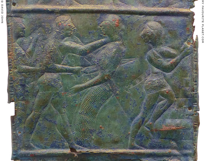 Relief of Orestes killing Clytaemnestra on a bronze sheet in Olympia at My Favourite Planet