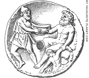 Odysseus offering wine to Polyphemos on a terracotta oil lamp at My Favourite Planet