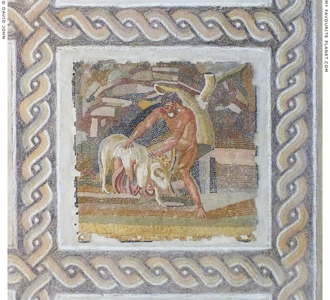 A Roman mosaic of Odysseus escaping from Polyphemos' cave under a ram at My Favourite Planet