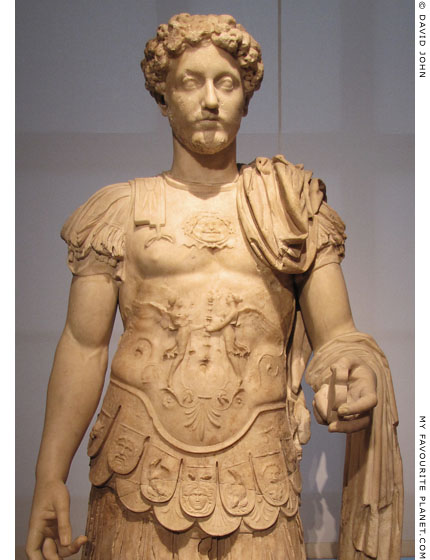 A statue of Emperor Marcus Aurelius wearing a cuirass with the Gorgoneion at My Favourite Planet