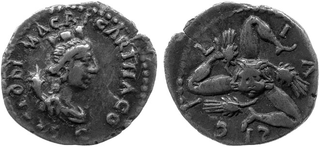 A Gorgoneion in a triskeles on a Sicilian coin of Clodius Macer at My Favourite Planet