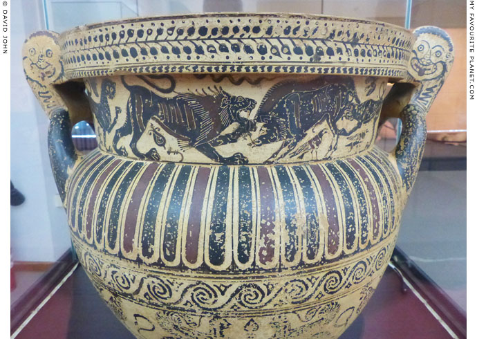 Gorgoneions on the handles of a Laconian volute krater, Gela, Sicily at My Favourite Planet