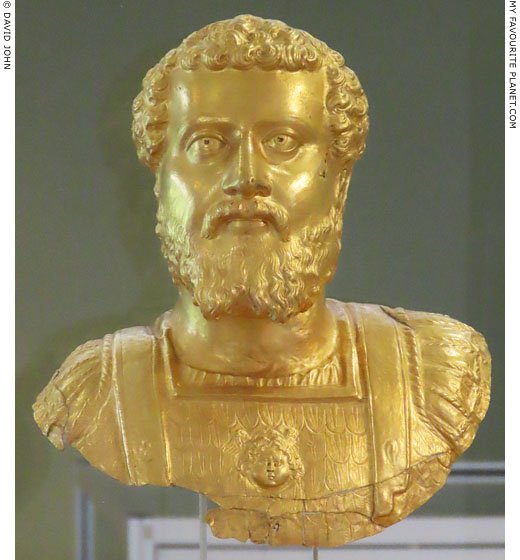 A gold bust of Roman emperor Septimius Severus wearing a cuirass decorated with a Gorgoneion at My Favourite Planet