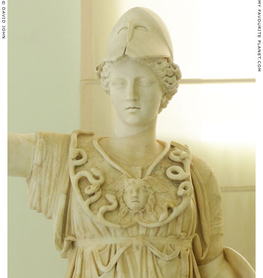 Detail of a statue of Athena wearing the aegis and a Gorgoneion at My Favourite Planet