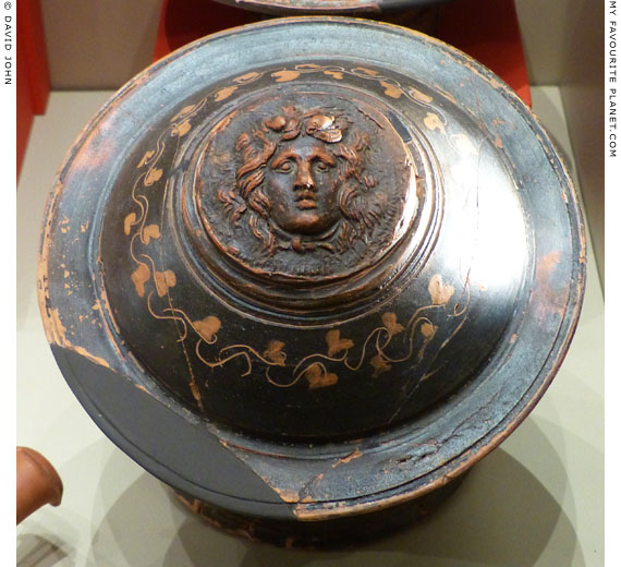 Black-glaze pyxis with a Gorgoneion relief, Veria, Macedonia, Greece at My Favourite Planet