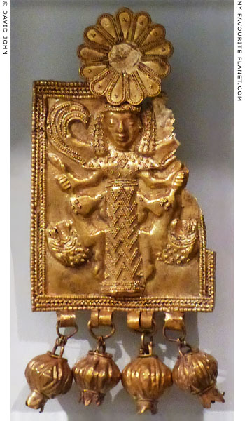 Gold plaque pendant with a depiction of the Mistress of Animals from Kamiros, Rhodes at My Favourite Planet